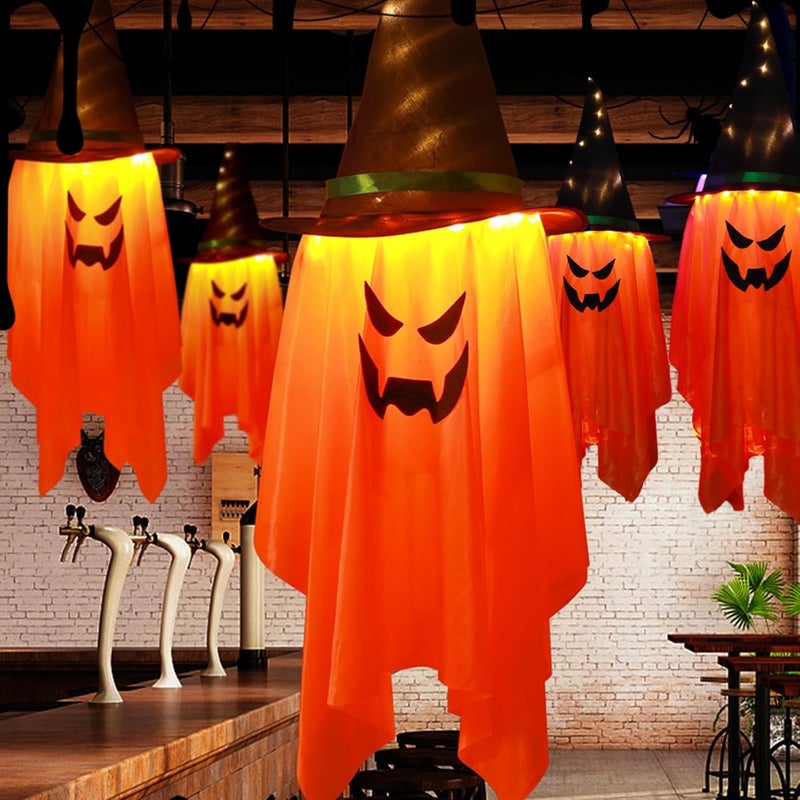 كلاراكو أضواء خارجية لزينة الهالوين من كلاركو، مصباح خارجي، أضواء LED على شكل قبعة ساحرة للهالوين، مصباح رعب معلق، مصباح داخلي لحفلة الهالوين والحديقة المنزلية (برتقالي) - Image 2