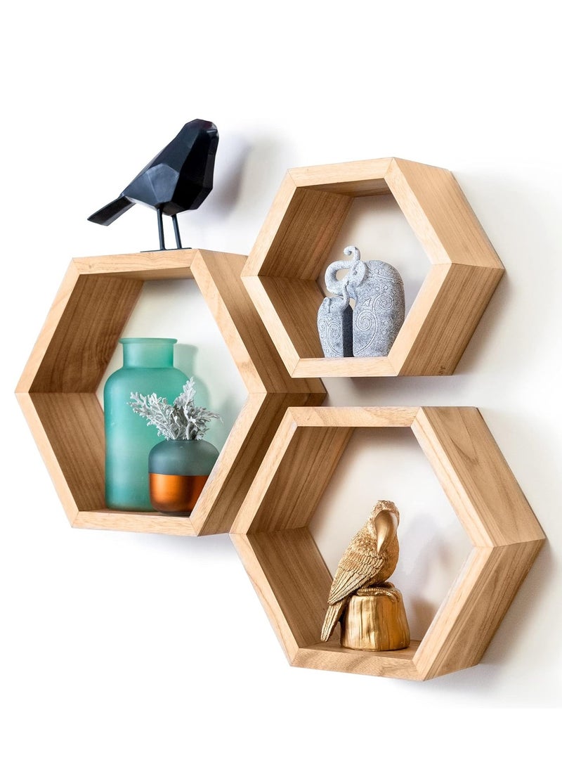 XiuWoo 3 Pack Honeycomb Style Unique Personalized Wood Wall Mounted Floating Shelves, Boho Shelves, Hanging Shelf Storage Rack, Home Display Rack, Plant Shelf, Home Storage Rack for Home, Office - Image 1