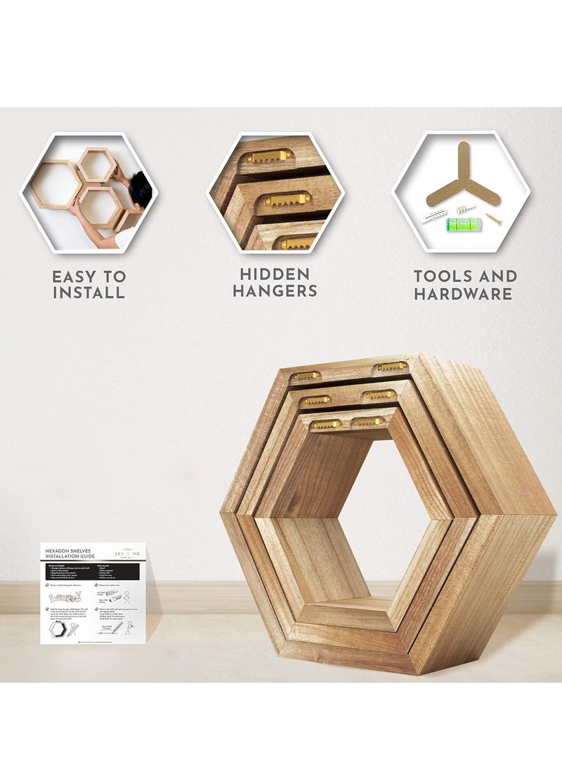 XiuWoo 3 Pack Honeycomb Style Unique Personalized Wood Wall Mounted Floating Shelves, Boho Shelves, Hanging Shelf Storage Rack, Home Display Rack, Plant Shelf, Home Storage Rack for Home, Office - Image 5