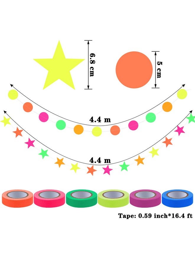 WILLBOND 127ft Neon Party Supplies Set, 6 Colors 98.4ft UV Blacklight Reactive Tape, 29ft Neon Paper Garlands Circle Dots Stars Hanging Decorations for Birthday Wedding Glow Party Decorations - Image 2