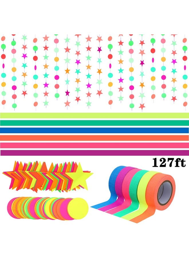 WILLBOND 127ft Neon Party Supplies Set, 6 Colors 98.4ft UV Blacklight Reactive Tape, 29ft Neon Paper Garlands Circle Dots Stars Hanging Decorations for Birthday Wedding Glow Party Decorations - Image 3