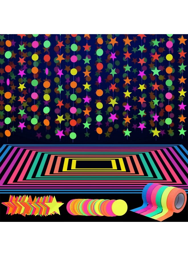 WILLBOND 127ft Neon Party Supplies Set, 6 Colors 98.4ft UV Blacklight Reactive Tape, 29ft Neon Paper Garlands Circle Dots Stars Hanging Decorations for Birthday Wedding Glow Party Decorations - Image 1