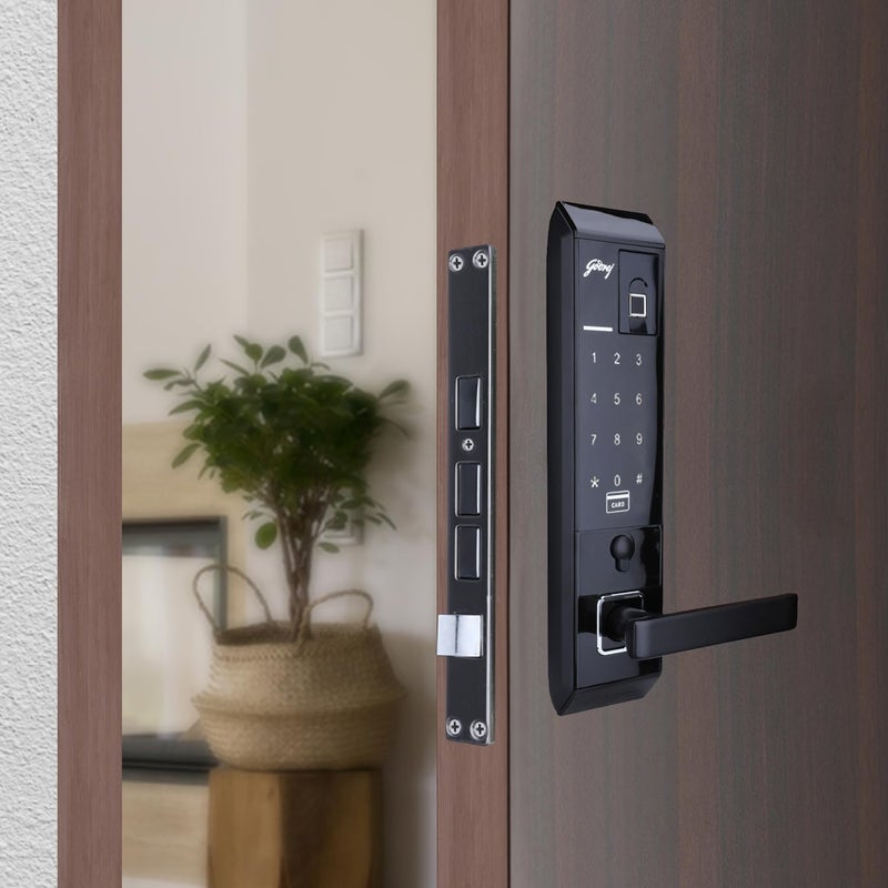 Godrej Locking Solutions and Systems Godrej Smart Lock I Advantis Revolution Digital Lock for Wooden Door for Main Door 4 in 1 Access Pin Access Fingerprint RFID Card Mechanical Key Black Finish  - Image 1