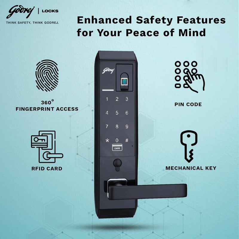 Godrej Locking Solutions and Systems Godrej Smart Lock I Advantis Revolution Digital Lock for Wooden Door for Main Door 4 in 1 Access Pin Access Fingerprint RFID Card Mechanical Key Black Finish  - Image 3