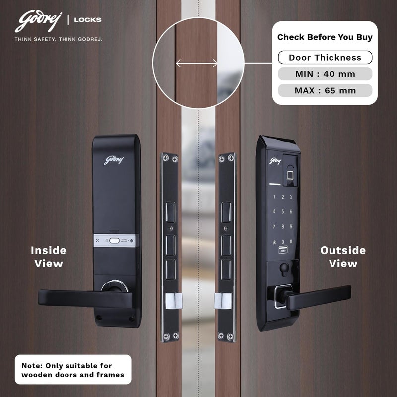 Godrej Locking Solutions and Systems Godrej Smart Lock I Advantis Revolution Digital Lock for Wooden Door for Main Door 4 in 1 Access Pin Access Fingerprint RFID Card Mechanical Key Black Finish  - Image 2