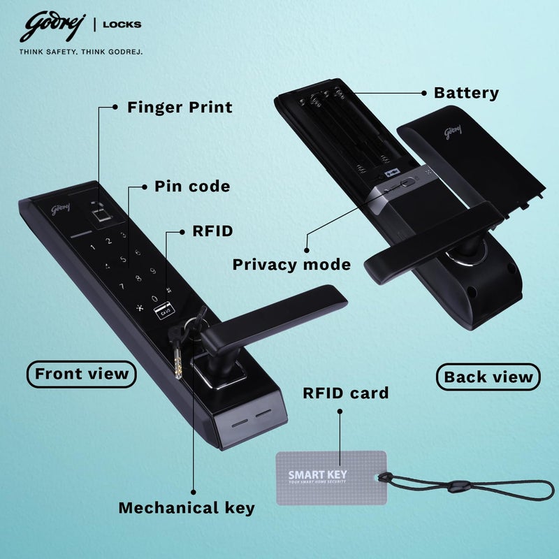 Godrej Locking Solutions and Systems Godrej Smart Lock I Advantis Revolution Digital Lock for Wooden Door for Main Door 4 in 1 Access Pin Access Fingerprint RFID Card Mechanical Key Black Finish  - Image 4