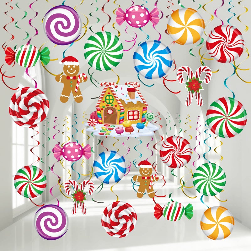 Zomiboo 53 Pcs Christmas Hanging Swirls Decorations Christmas Candy Gingerbread Man Truck Red Cardinals Christmas Ceiling Decor Ornaments for Christmas Tree Xmas Holiday PartyCandy