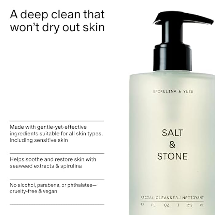 Salt & Stone Facial Cleanser for Women & Men, Spirulina & Yuzu Gentle Facial Wash with Hyaluronic Acid, Squalane, For All Skin Types, Vegan, Cruelty Free, 7.2 oz - Image 4