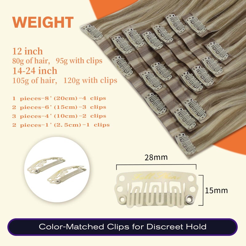 Full Shine 12 Inch Clip in Hair Extensions Real Human Hair Dark Ash Blonde Mix with Light Blonde Seamless Hair Extensions Clip in for Short Hair 8 PCS 95 G - Image 3