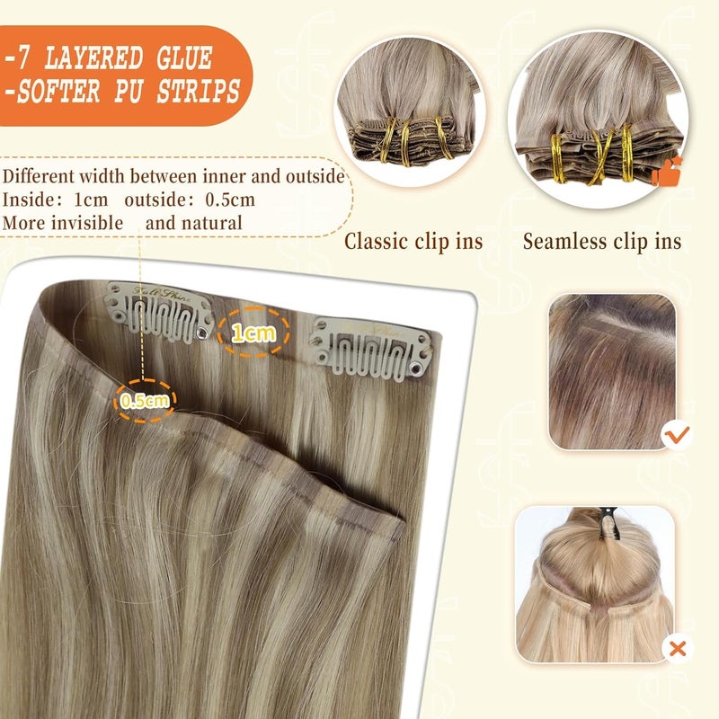 Full Shine 12 Inch Clip in Hair Extensions Real Human Hair Dark Ash Blonde Mix with Light Blonde Seamless Hair Extensions Clip in for Short Hair 8 PCS 95 G - Image 5