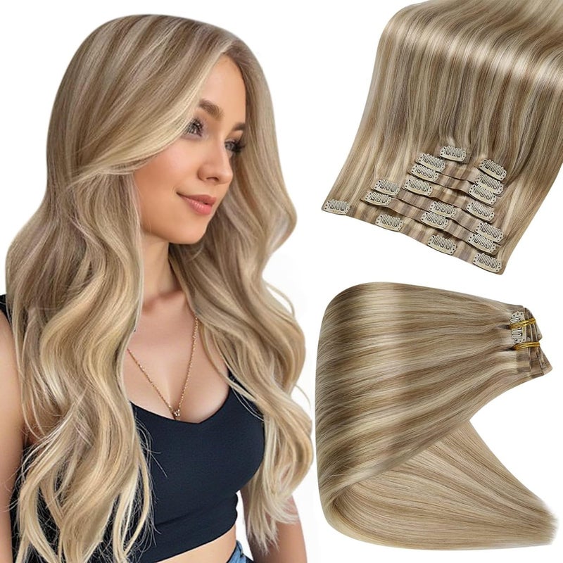 Full Shine 12 Inch Clip in Hair Extensions Real Human Hair Dark Ash Blonde Mix with Light Blonde Seamless Hair Extensions Clip in for Short Hair 8 PCS 95 G - Image 1