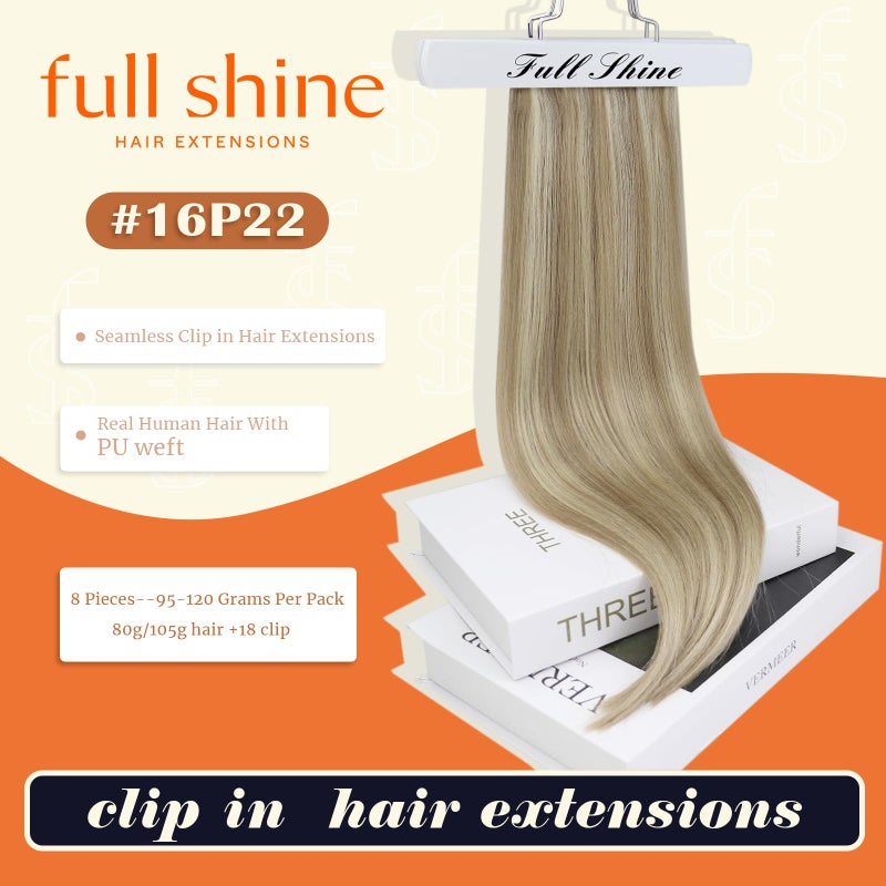 Full Shine 12 Inch Clip in Hair Extensions Real Human Hair Dark Ash Blonde Mix with Light Blonde Seamless Hair Extensions Clip in for Short Hair 8 PCS 95 G - Image 2