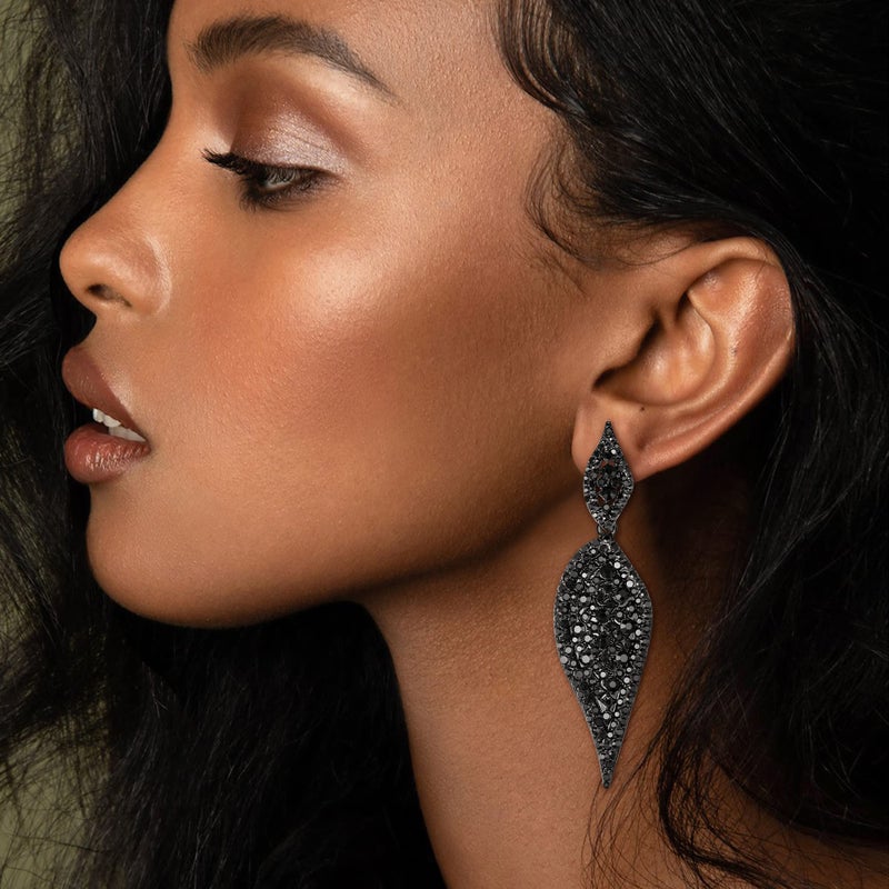 EVER FAITH Vintage Leaf Earring Round Rhinestone Crystal Elegant Party Pierced Drop Dangle Chandelier Earrings for Women Black Black-Tone - Image 3