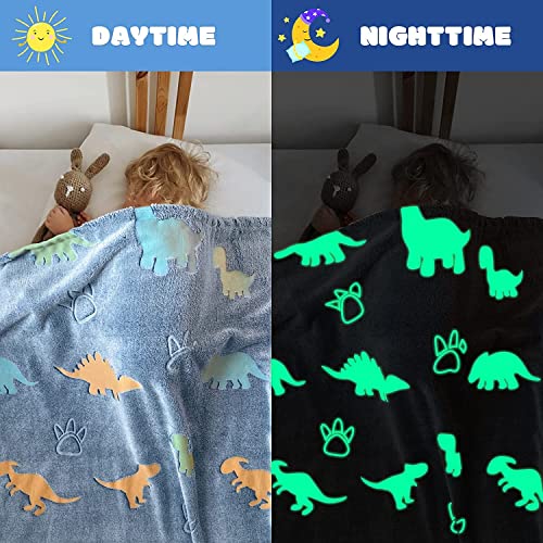 BLiSS HUES Glow in The Dark Blanket Gifts for Toddler Kids Teen Girls| 80 x 70 inch/ 200cm x 180cm |Bedroom Décor, Lightweight Throw Blankets|Soft Cozy Fluffy Luminous Throw Blanket - Blue Dino - Image 2