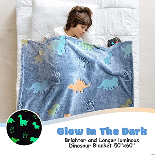 BLiSS HUES Glow in The Dark Blanket Gifts for Toddler Kids Teen Girls| 80 x 70 inch/ 200cm x 180cm |Bedroom Décor, Lightweight Throw Blankets|Soft Cozy Fluffy Luminous Throw Blanket - Blue Dino - Image 5