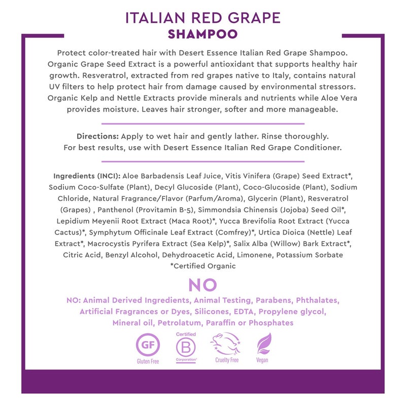 Desert Essence, Italian Red Grape Shampoo, 8.0 fl. Oz. - Gluten Free - Vegan - Cruelty Free - Moisturizing Shampoo - UV Protection - Color Treated Hair - Image 3