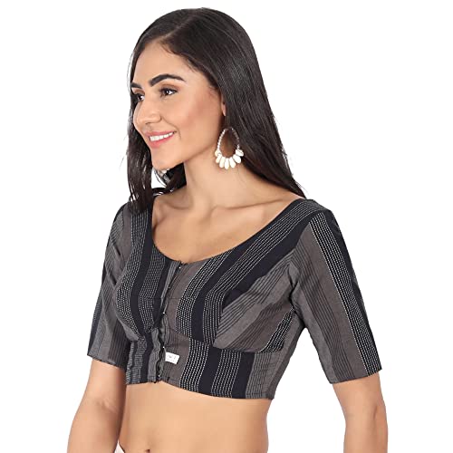JISB Women's Cotton Geometric Half Sleeve Blouse (JISB00612_Black_48) - Image 2