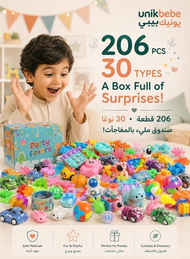 يونيكبيبي 206 قطعة توزيعات أطفال، 30 نوعًا من الألعاب الصغيرة المتنوعة لهدايا أعياد الميلاد، حشوات أكياس الهدايا والبيناتا، جوائز الفصل، التوزيعات المدرسية وهدايا العيد للأولاد والبنات - Image 1