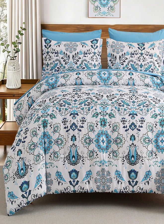 DHSFKBE Boho Comforter Set Queen - 7 Pieces Bed in a Bag Floral Design, Bohemian Comforter Set with Sheets, Soft Microfiber Complete Bedding Sets All Season (Light Blue, Queen) - Image 1