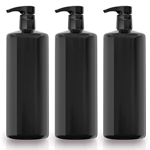 Bar5F 1-Liter BPA-Free Black Pump Bottles – Refillable PET Plastic Dispensers for Shampoo, Conditioner & Body Wash with UV Shield Gloss Finish, Heavy-Duty 3-Pack - Image 1