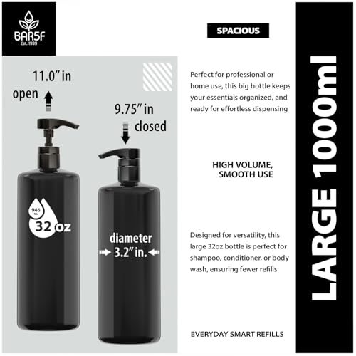 Bar5F 1-Liter BPA-Free Black Pump Bottles – Refillable PET Plastic Dispensers for Shampoo, Conditioner & Body Wash with UV Shield Gloss Finish, Heavy-Duty 3-Pack - Image 2