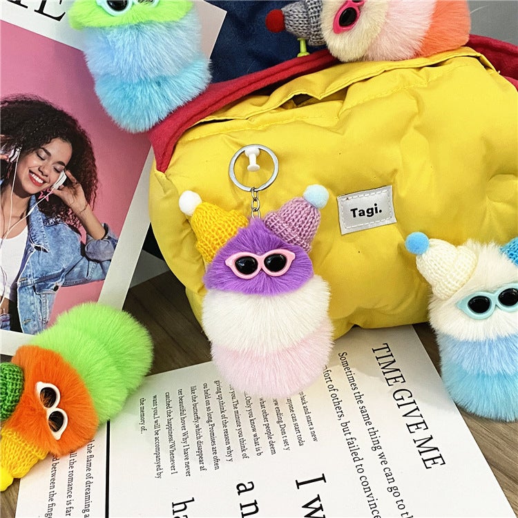 Cute Caterpillar Plush Keychain Cartoon Doll Charm Purple Head