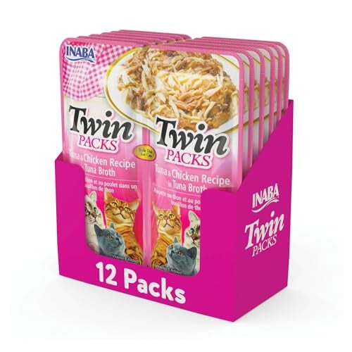 INABA Twin Packs for Cats, Side Dish/Topper Cups, 1.4 Ounces per Serving, 12 Servings, Tuna & Chicken Recipe in Tuna Broth - Image 1