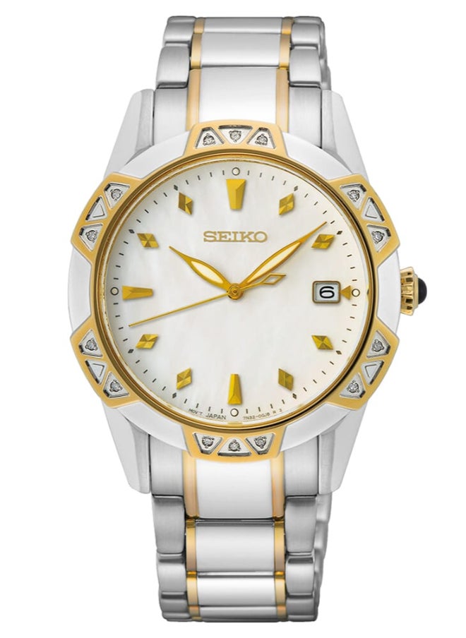 Seiko ساعة كوارتز تناظرية نسائية بسوار من الفولاذ المقاوم للصدأ SKK728P1، فضية-ذهبية، سوار  - Image 1