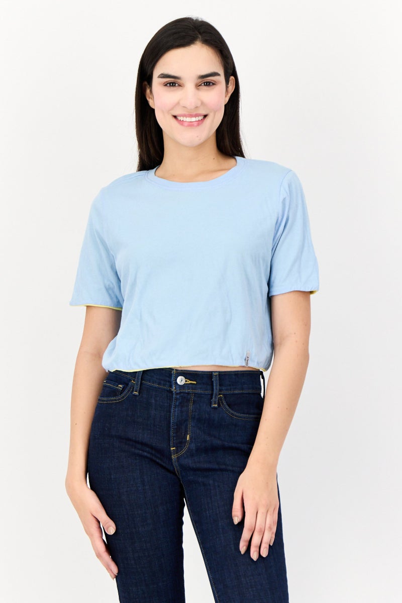 ONLY Women Reversible Crew Neck Short Sleeves Plain Crop Top, Light Blue  - Image 1