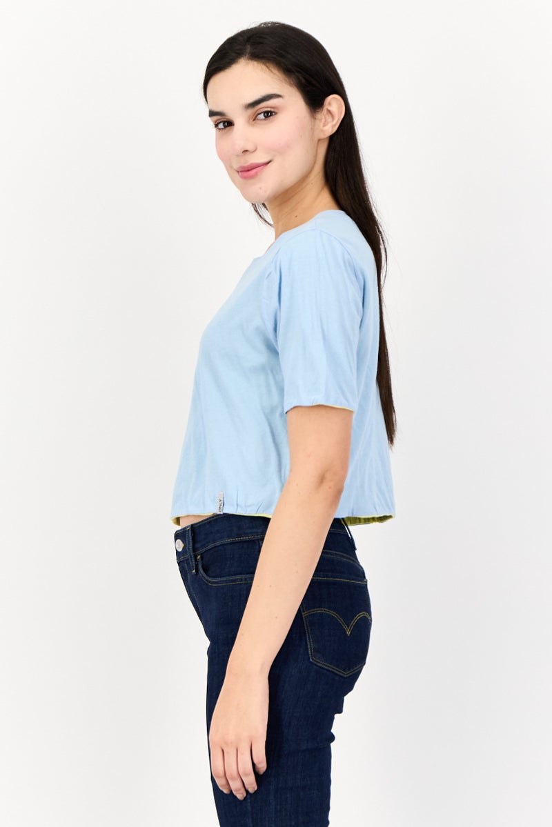 ONLY Women Reversible Crew Neck Short Sleeves Plain Crop Top, Light Blue  - Image 3
