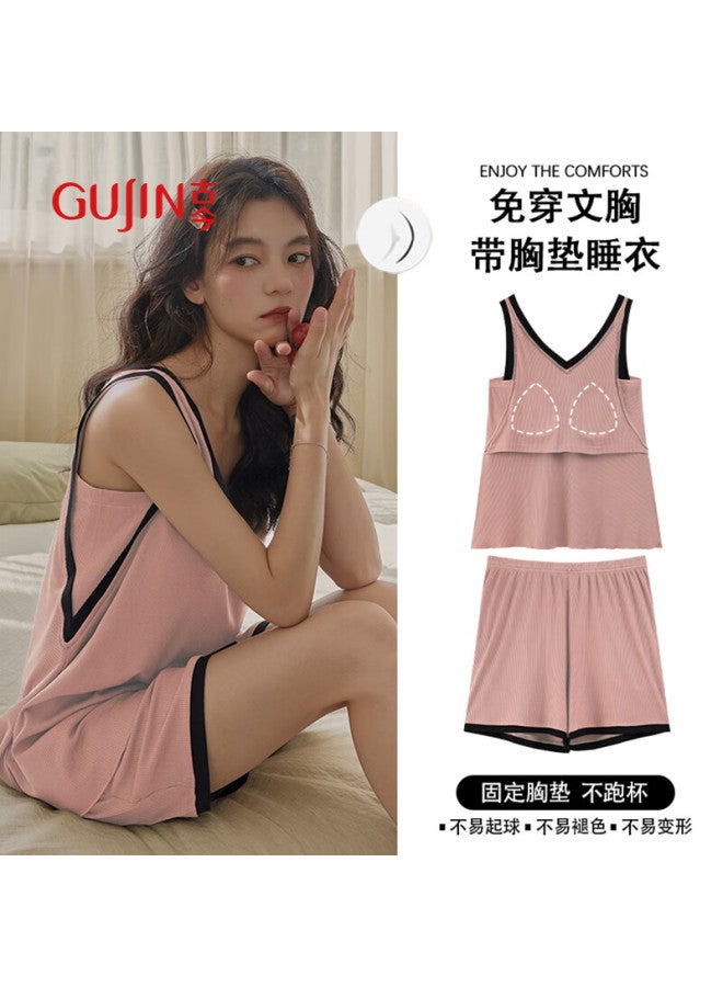 Gujin Summer New Arrival Pajamas For Women With Chest Pad Home Wear Can Be Worn Outside Vest Set XL
