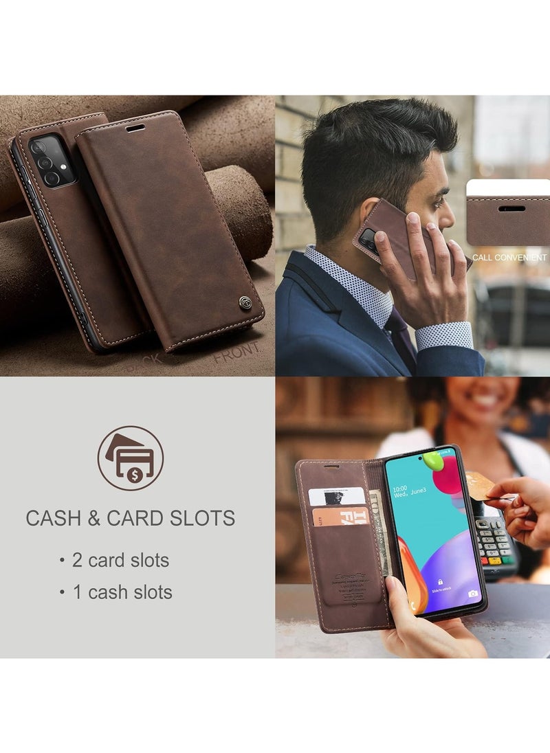 CaseMe - Phone Case Luxury PU Leather Design 013 Flip Cover Card Slot Holder Cover For Samsung Galaxy A52 / A52s (Coffe) - Image 1