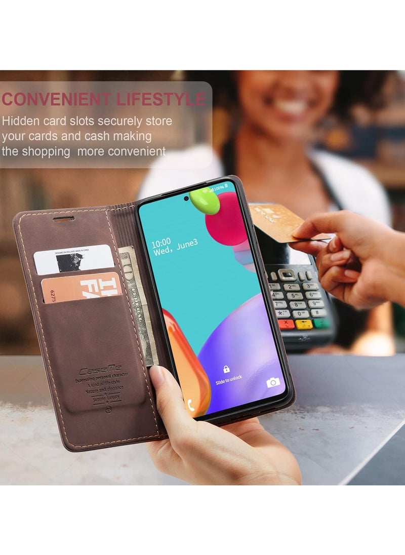CaseMe - Phone Case Luxury PU Leather Design 013 Flip Cover Card Slot Holder Cover For Samsung Galaxy A52 / A52s (Coffe) - Image 1