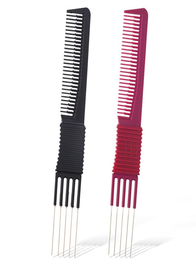 YQQYG 2PCS Hair Comb with Metal Prong, Carbon Lift Teasing Combs, Hair Pick Teasing Lifting Fluffing Combs for Women Men Most Hair Styling (Black, Purple) - Image 1