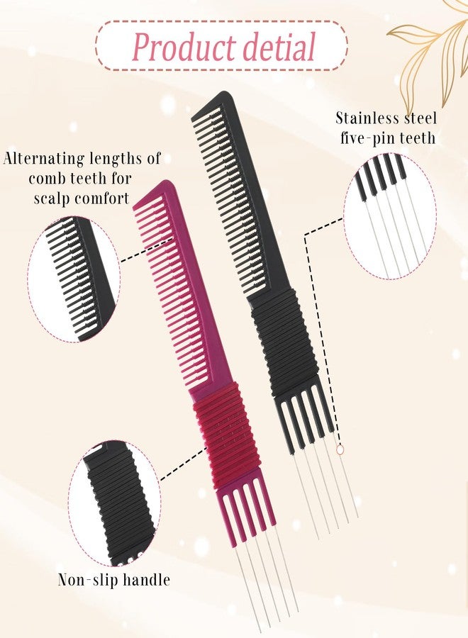 YQQYG 2PCS Hair Comb with Metal Prong, Carbon Lift Teasing Combs, Hair Pick Teasing Lifting Fluffing Combs for Women Men Most Hair Styling (Black, Purple) - Image 2
