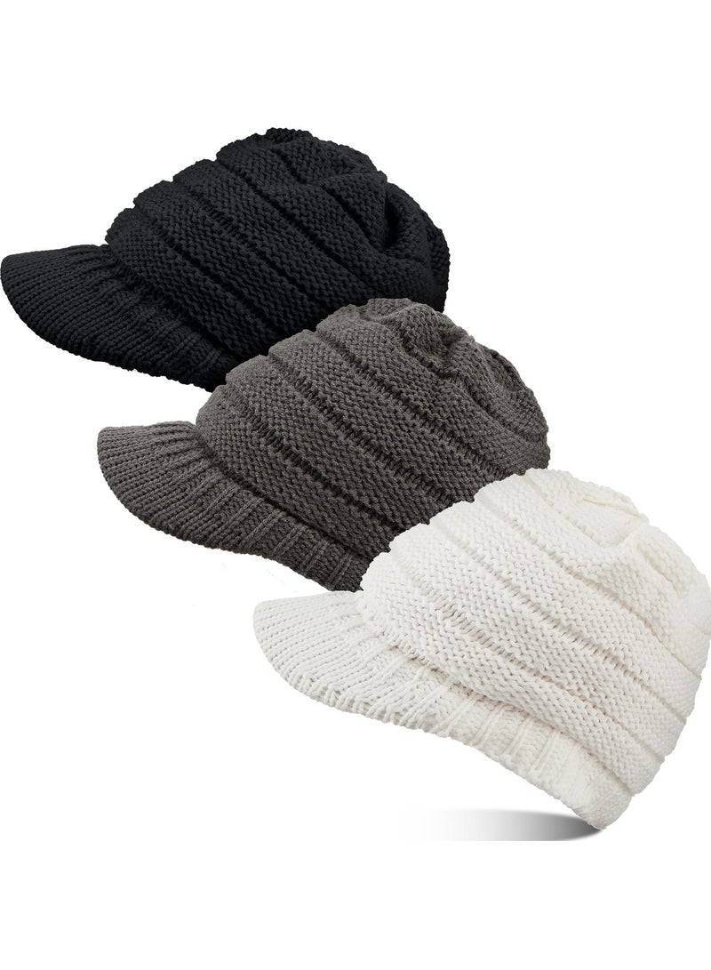 Men/Women Warm Soft Knitted Ponytail Brimless Beanie, 3 Pcs For Winter Outdoor Snow(Black+White+Gray) - Image 1