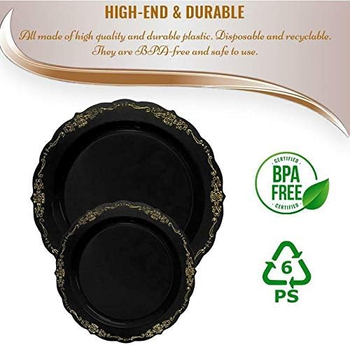 kaya Elegant Black With Gold Vintage Rim Round Disposable Plastic Salad Plates  75 Packs of 10  Premium Quality  BPAFree Materials Perfect for Any Occasion - Image 4