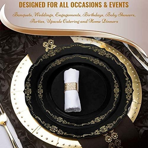 kaya Elegant Black With Gold Vintage Rim Round Disposable Plastic Salad Plates  75 Packs of 10  Premium Quality  BPAFree Materials Perfect for Any Occasion - Image 5