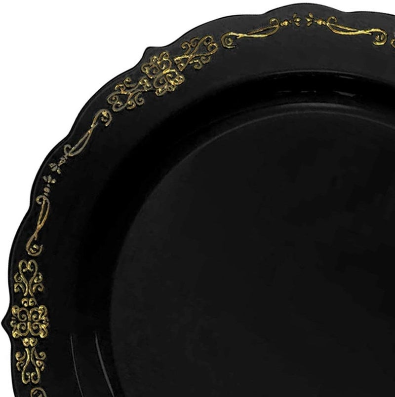 kaya Elegant Black With Gold Vintage Rim Round Disposable Plastic Salad Plates  75 Packs of 10  Premium Quality  BPAFree Materials Perfect for Any Occasion - Image 2