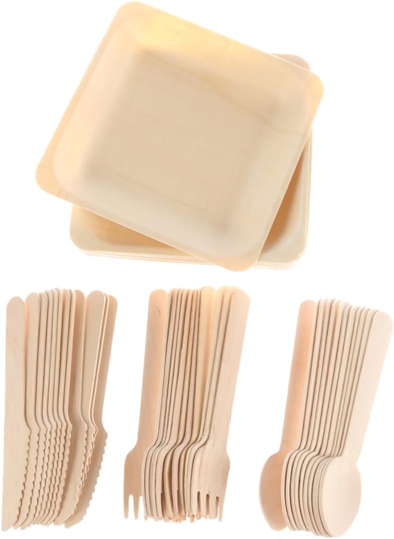 Wooden Serving Spoons Forks Knives Salad Fork 48pc Set Disposable Plate Utensils for Parties - Image 1