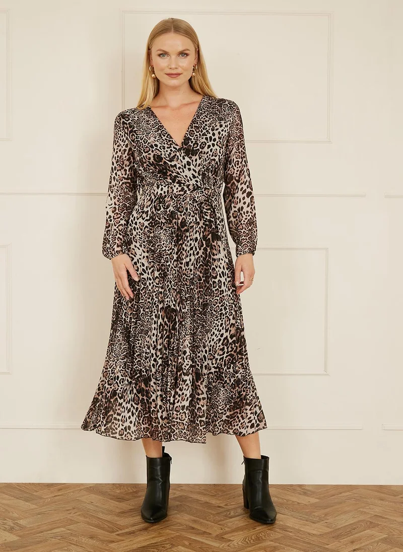 يامي Yumi Brown Leopard Print Pleated Long Sleeve Wrap Midi Dress