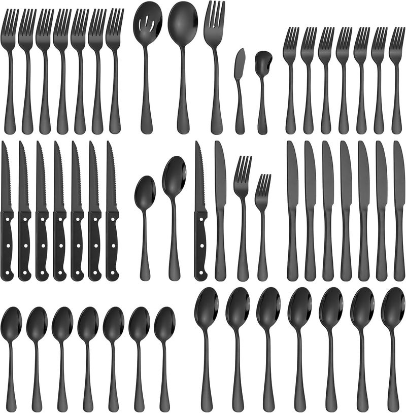 Lazycorner 53 Piece Black Silverware Set for 8 Flatware Set with Steak Knives for 8 and 5 Public Serving Use Set 1810 Stainless Steel Utensils Set Cutlery Set For Restaurant Hotel Dishwasher Safe - Image 1