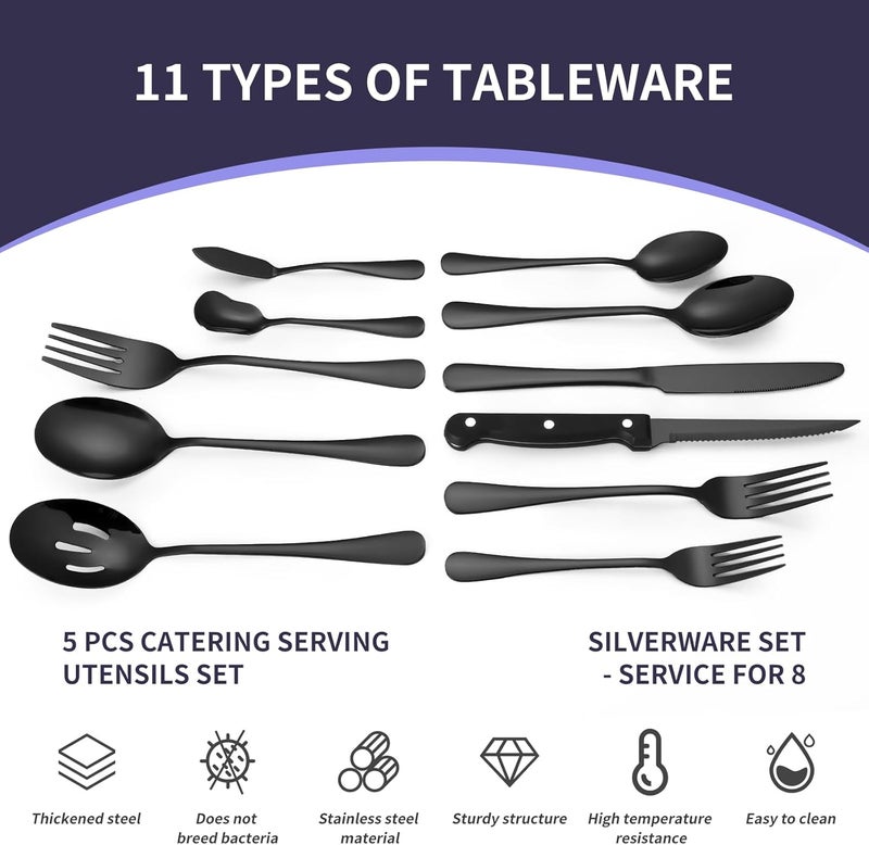 Lazycorner 53 Piece Black Silverware Set for 8 Flatware Set with Steak Knives for 8 and 5 Public Serving Use Set 1810 Stainless Steel Utensils Set Cutlery Set For Restaurant Hotel Dishwasher Safe - Image 2