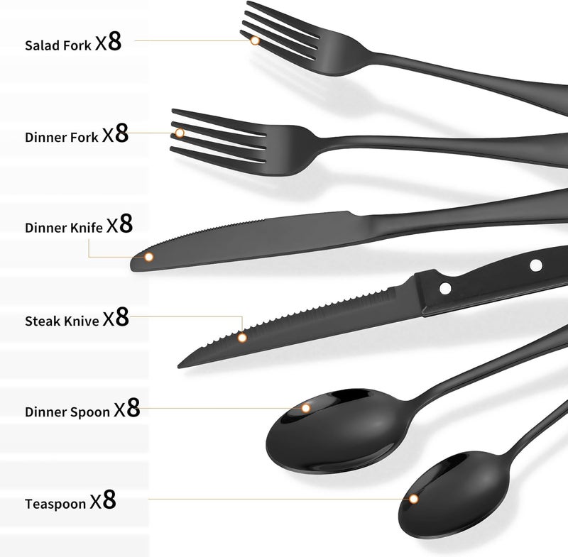 Lazycorner 53 Piece Black Silverware Set for 8 Flatware Set with Steak Knives for 8 and 5 Public Serving Use Set 1810 Stainless Steel Utensils Set Cutlery Set For Restaurant Hotel Dishwasher Safe - Image 4