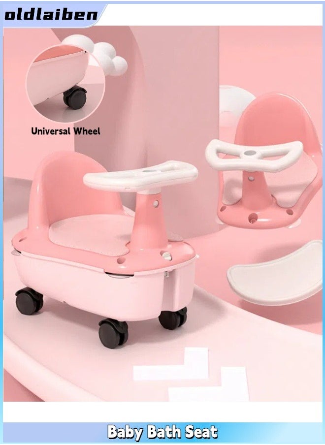 oldlaiben Baby Bath Seat, Storage Shell + Universal Wheels + Traction Rope + Tray, 4 Anti-Slip Powerful Suction Cups, Assorted, Ideal Gift for Infants 0-24 Months!（Pink)  - Image 1