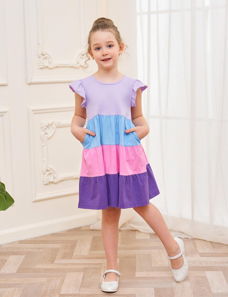 Bumeex Kids Girl Summer Dress Cotton Pocket Easter Ruffle Short Sleeve Tiered Swing Twirly Casual Sundress Dresses for Girls Clothes Outfits Clothing Color Block Lilac 8-9 Years - Image 3