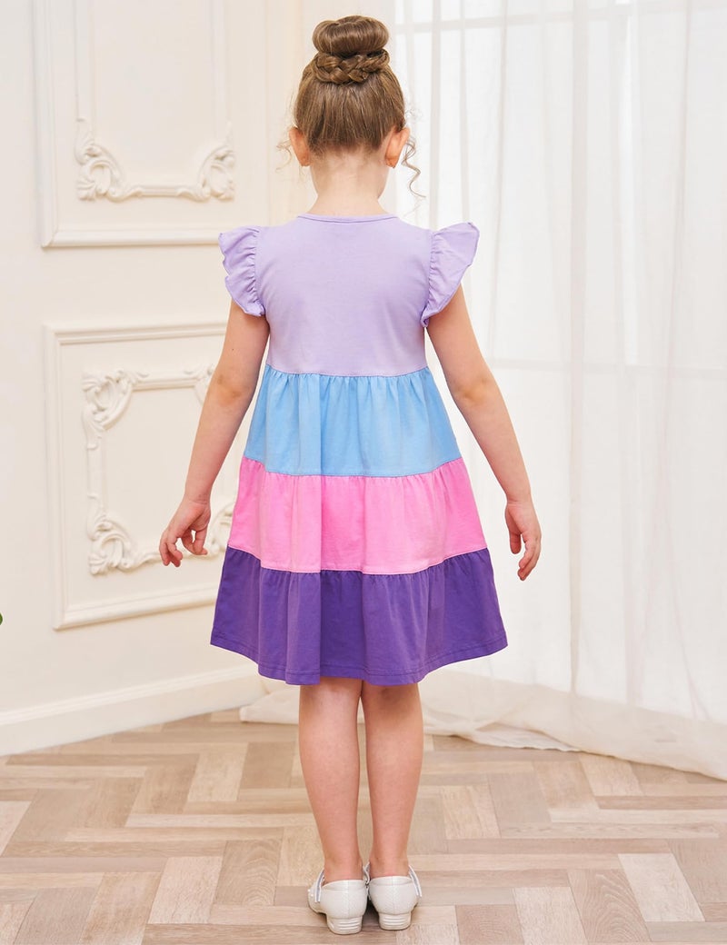 Bumeex Kids Girl Summer Dress Cotton Pocket Easter Ruffle Short Sleeve Tiered Swing Twirly Casual Sundress Dresses for Girls Clothes Outfits Clothing Color Block Lilac 8-9 Years - Image 5