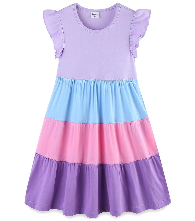 Bumeex Kids Girl Summer Dress Cotton Pocket Easter Ruffle Short Sleeve Tiered Swing Twirly Casual Sundress Dresses for Girls Clothes Outfits Clothing Color Block Lilac 8-9 Years - Image 1