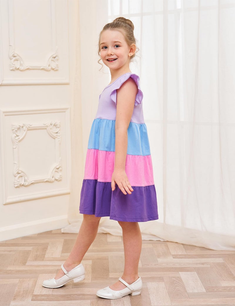 Bumeex Kids Girl Summer Dress Cotton Pocket Easter Ruffle Short Sleeve Tiered Swing Twirly Casual Sundress Dresses for Girls Clothes Outfits Clothing Color Block Lilac 8-9 Years - Image 4