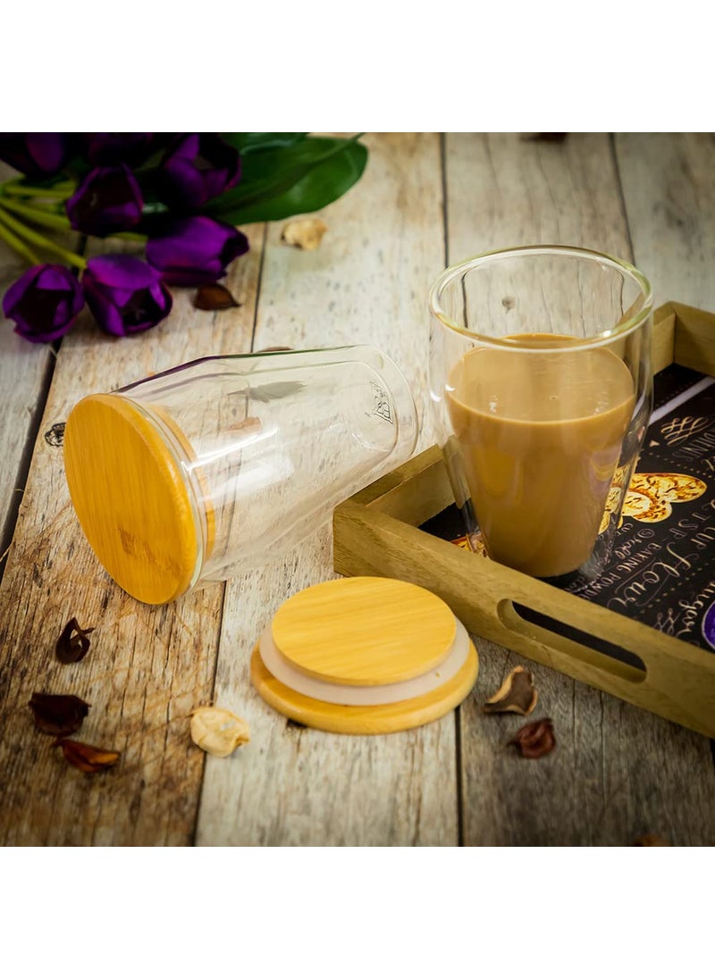 EZ Life - EZ Life Borosilicate Glass Coffee & Tea Cup Mug Swag with Bamboo Lid, Tea, Juice, Milk, Insulated Glass, Dishwasher Safe - Transparent - 300 ml (4) - Image 1